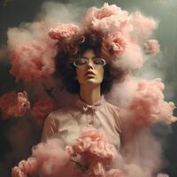 AI generated Fashionable girl in sunglasses and clouds of pink smoke. Generated by artificial intelligence photo