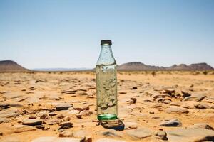 AI generated Glass bottle of water in the middle of the desert. Climate change concept. Generative AI photo
