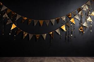 AI generated Golden garland on a black wall. Festive decoration. Generated by artificial intelligence photo