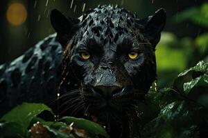 ai generado retrato de un negro pantera, leopardo con amarillo ojos en el selva. generado por artificial inteligencia foto