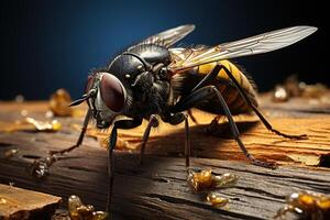 AI generated Macro photo of a fly on a wooden surface. Generated by artificial intelligence