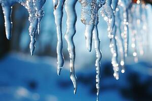 ai generado hielo carámbanos debajo el techo fundir en el ligero de el Dom. generado por artificial inteligencia foto