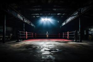 AI generated Empty gloomy boxing ring in the rays of spotlights. Generated by artificial intelligence photo