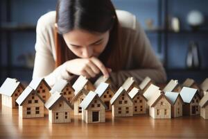 AI generated Difficulty finding housing. Wooden house models on the table next to the girl. Generated by artificial intelligence photo