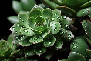 AI generated Close-up of a green succulent in water droplets. Generated by artificial intelligence photo