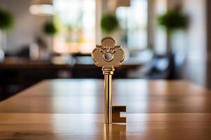 AI generated A golden key stands on a wooden table with a bokeh background. Generated by artificial intelligence photo
