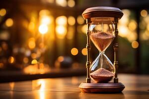 AI generated Elegant hourglass on a wooden surface with golden bokeh background. Generated by artificial intelligence photo