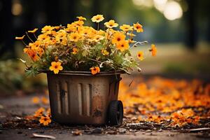 ai generado un cama de flores con amarillo flores en un antiguo hierro Cubeta en el parque. generado por artificial inteligencia foto