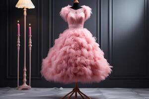 AI generated Elegant pink fluffy women's dress on a mannequin. Generated by artificial intelligence photo