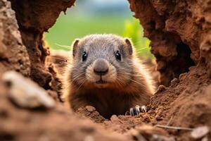 AI generated A marmot crawls out of the ground after hibernation. Generated by artificial intelligence photo