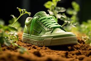 AI generated A green shoe lies among on green young sprouts, blurred background. Environment conservation concept. Generated by artificial intelligence photo