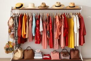 AI generated Women's wardrobe with bright clothes and hats. Generated by artificial intelligence photo