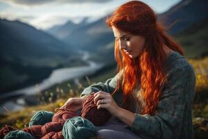 AI generated A red-haired girl in knitted clothes is knitting on the top of a mountain. Generated by artificial intelligence photo