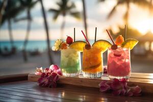 AI generated Three glasses with cocktails on a bar counter by the sea. Beach holiday concept. Generated by artificial intelligence photo