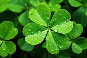 ai generado cuatro hoja trébol con agua gotas. verde natural antecedentes. generado por artificial inteligencia foto