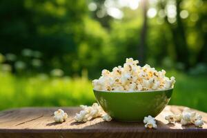 AI generated Popcorn in a striped bowl on the table against a natural bokeh background. Generated by artificial intelligence photo