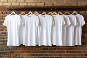 AI generated Blank white T-shirts hang on hangers on a brick wall. Generated by artificial intelligence photo