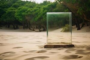 AI generated Glass cube on the sand. Search for meaning. Generative AI photo