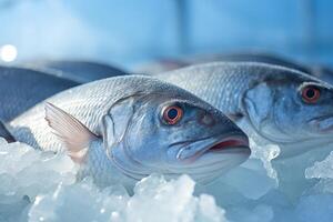 ai generado recién atrapado pescado mentiras en hielo y nieve. congelación pez. generado por artificial inteligencia foto