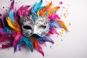 AI generated Carnival mask with multi-colored feathers on a white background. The concept of masquerade, carnival. Generated by artificial intelligence photo