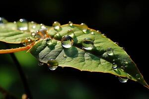 AI generated Large transparent drops of water, dew on a green leaf in nature. Natural background. Generated by artificial intelligence photo