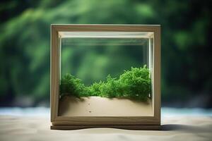 AI generated Green moss in a glass cube on the sand. Climate and ecology concept. Generative AI photo