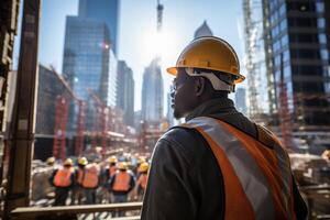 AI generated A dark-skinned construction worker in overalls looks at the construction site from above. Rear view. Generated by artificial intelligence photo