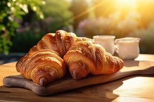 AI generated Fresh delicious croissants on a wooden tray. Breakfast in nature on a sunny warm day. Generated by artificial intelligence photo