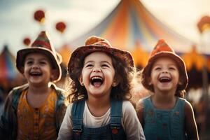 ai generado contento niños sonriente en un diversión parque con carruseles en el antecedentes. generado por artificial inteligencia foto