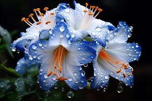 AI generated White-blue lilies in drops of water close-up. Generated by artificial intelligence photo