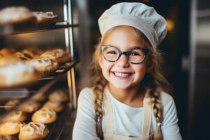 AI generated A little girl in a chef's suit and glasses next to fresh baked goods. A little girl in a chef's suit and glasses next to fresh baked goods. photo