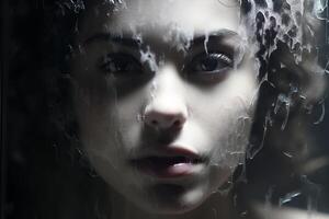 AI generated Portrait of a young girl girl behind glass with water drops. Generated by artificial intelligence photo