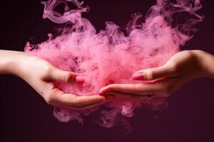 AI generated Two female hands connect in puffs of pink smoke on a dark background. Generated by artificial intelligence photo