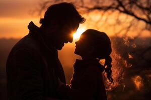 AI generated Silhouette of a little girl and dad against a sunset background. Generated by artificial intelligence photo