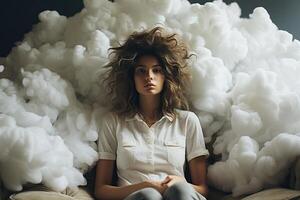 AI generated Attractive young woman with closed eyes in soft clouds. Concept of mental health, dreams. Generated by artificial intelligence photo