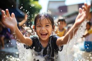 ai generado linda asiático niña teniendo divertido en salpicaduras agua al aire libre. canciónkran. generado por artificial inteligencia foto