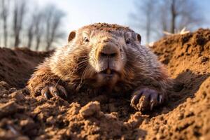 AI generated A marmot crawls out of the ground after hibernation. Generated by artificial intelligence photo