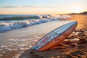 AI generated Surfboard in the sand on the beach near the sea wave. Generated by artificial intelligence photo