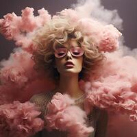 ai generado de moda niña en Gafas de sol y nubes de rosado fumar. generado por artificial inteligencia foto