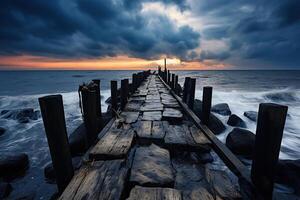 ai generado antiguo de madera muelle en el Tormentoso mar a puesta de sol. generado por artificial inteligencia foto