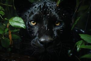 ai generado retrato de un negro pantera, leopardo con amarillo ojos en el selva. generado por artificial inteligencia foto