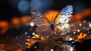 ai generado un mariposa con transparente alas en contra un antecedentes de natural Bokeh. generado por artificial inteligencia foto