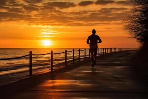 ai generado silueta de un hombre trotar a lo largo el apuntalar a puesta de sol y amanecer. corriendo concepto. generado por artificial inteligencia foto