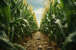 AI generated A path in the middle of a beautiful corn field in summer in cloudy weather. Generated by artificial intelligence photo