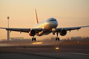 ai generado el avión toma apagado a puesta de sol. generado por artificial inteligencia foto