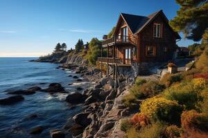 AI generated Vintage luxury wooden villa on a rocky seashore. Luxury vacation concept. Generated by artificial intelligence photo