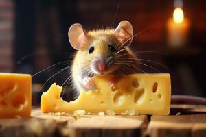 ai generado pequeño linda ratón come un grande pedazo de queso. generado por artificial inteligencia foto