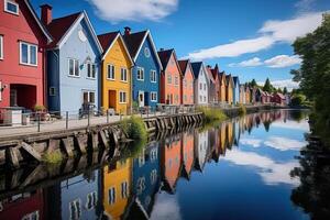 ai generado calle con vistoso casas en escandinavo estilo. brillante casas son reflejado en el río. generado por artificial inteligencia foto