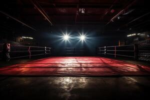 AI generated Empty gloomy boxing ring in the rays of spotlights. Generated by artificial intelligence photo