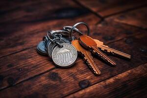 AI generated A bunch of keys from a new house on a wooden surface. Generated by artificial intelligence photo